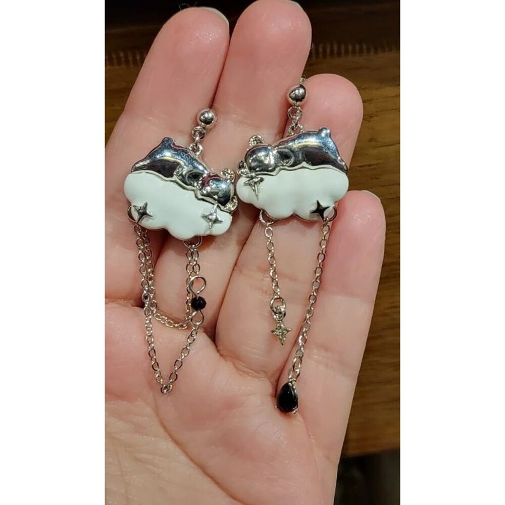 J10 Silver Cloud Dangle Earrings White Enamel Stars Chain Tassel Cute Kawaii